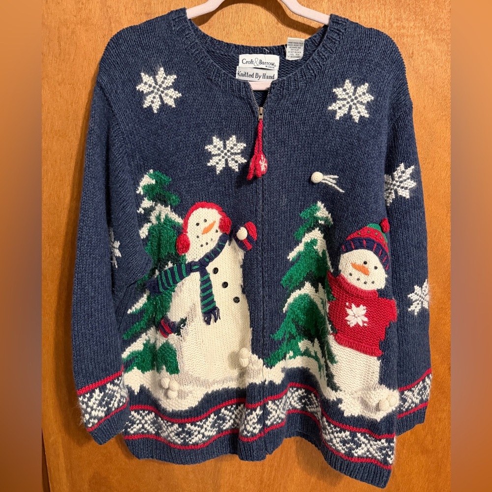 Croft & Barrow Festive Snowman Cardigan - Navy knitted by Hand 2x amazing !